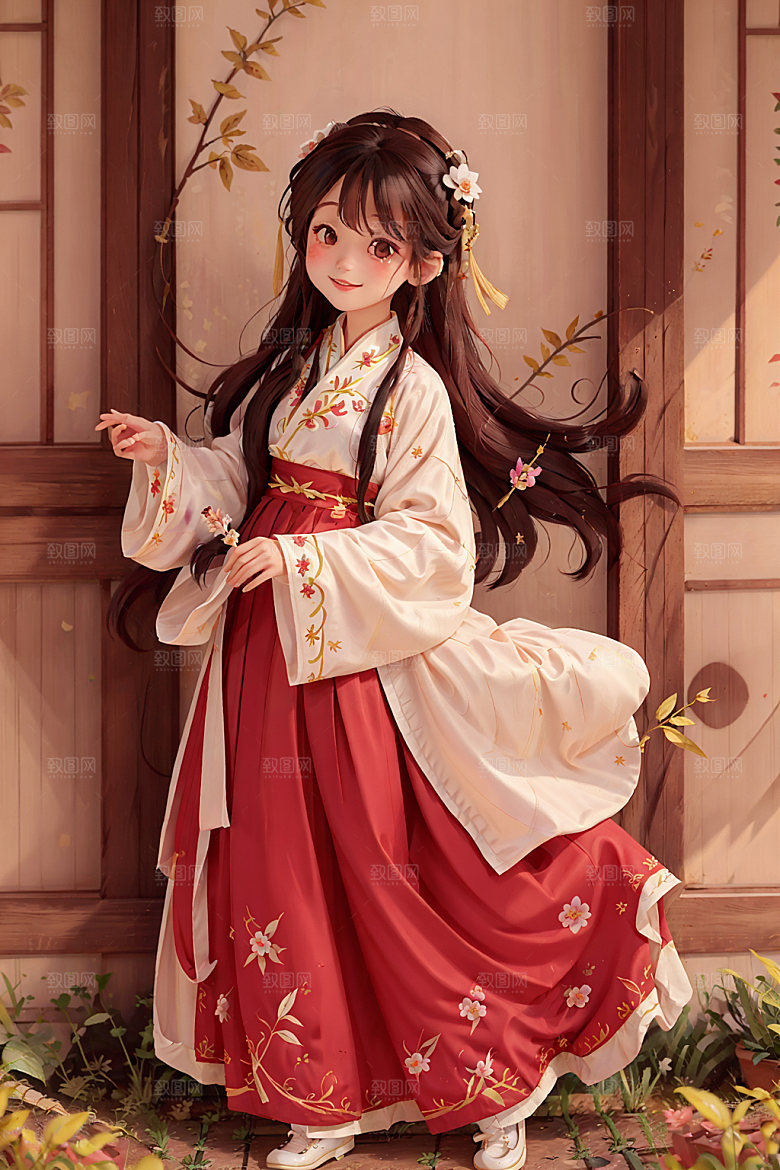 汉服少女水墨风卡通插画