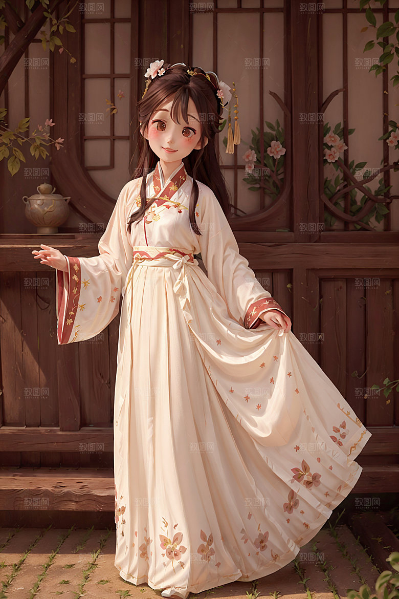 汉服少女国画风传统文化插画