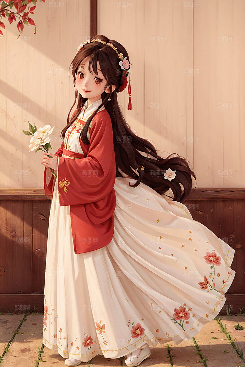 汉服少女水墨风国画风插画