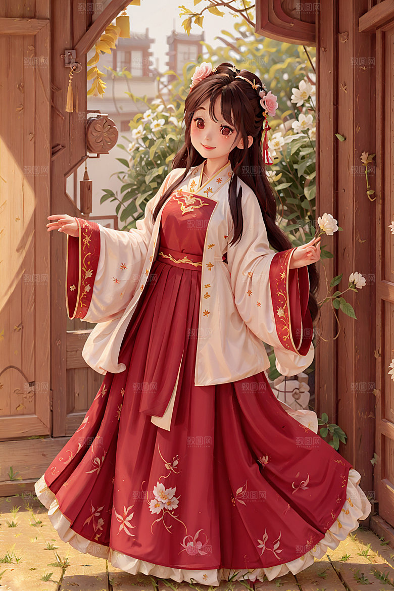汉服少女甜美卡通插画