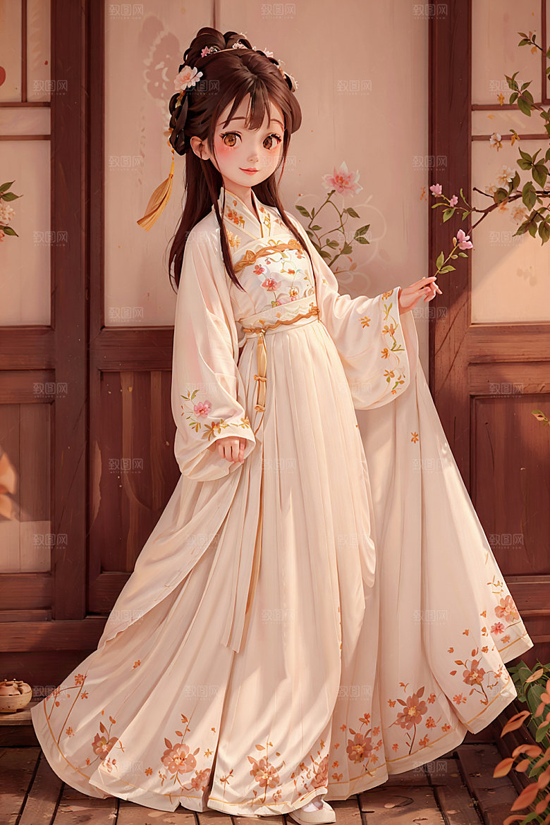 汉服少女国画风中国风插画