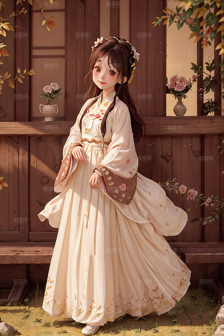 汉服少女甜美水墨风插画