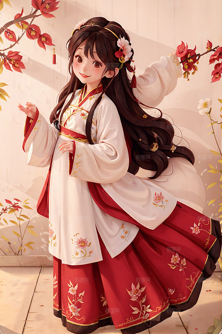 汉服少女卡通水墨风插画