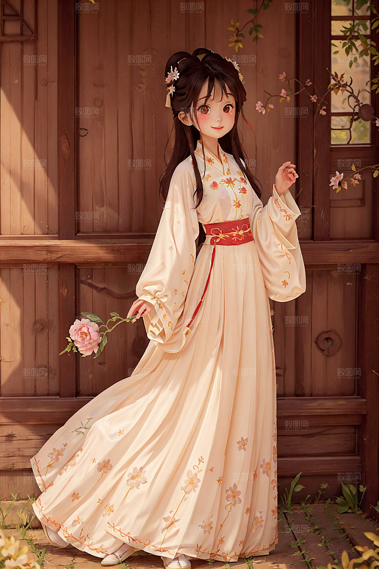 汉服少女水墨风甜美插画