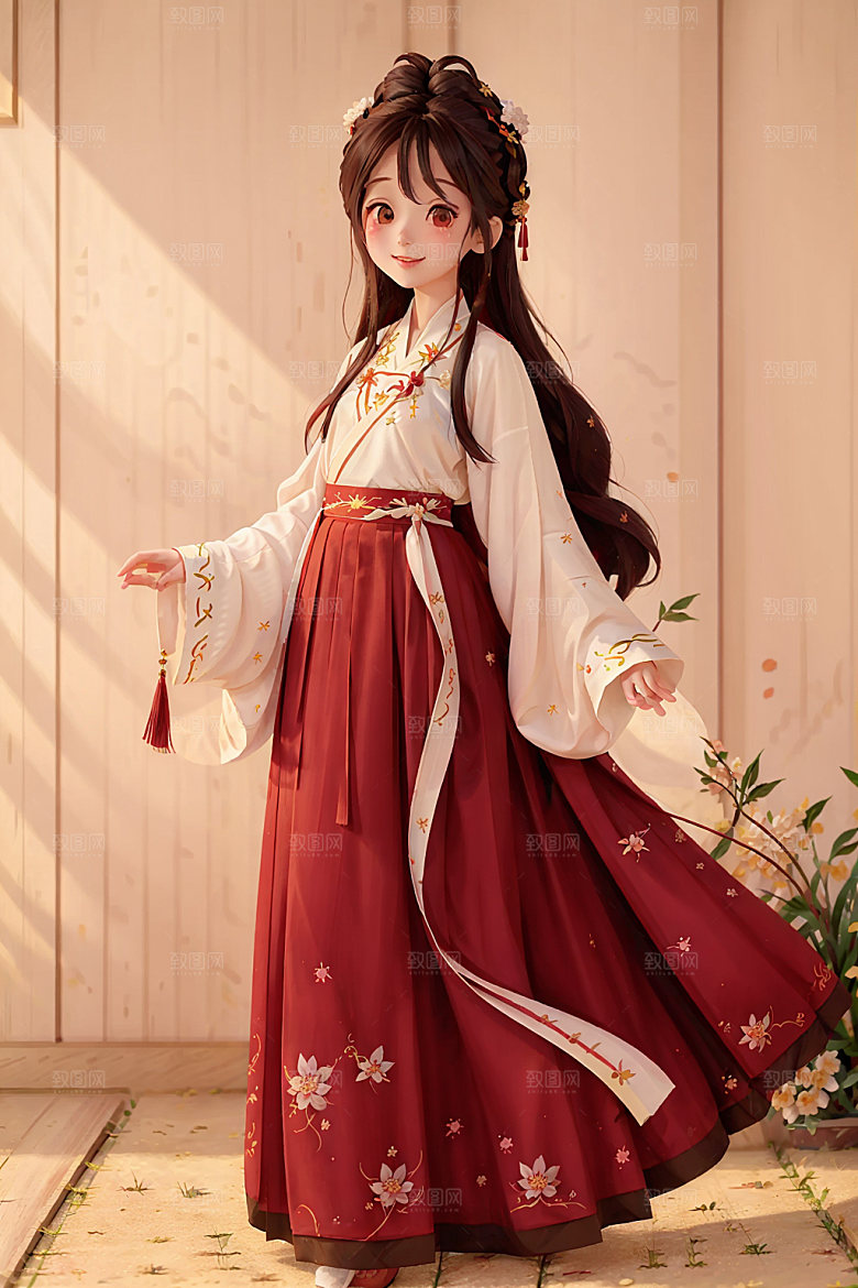 汉服少女可爱国画风插画