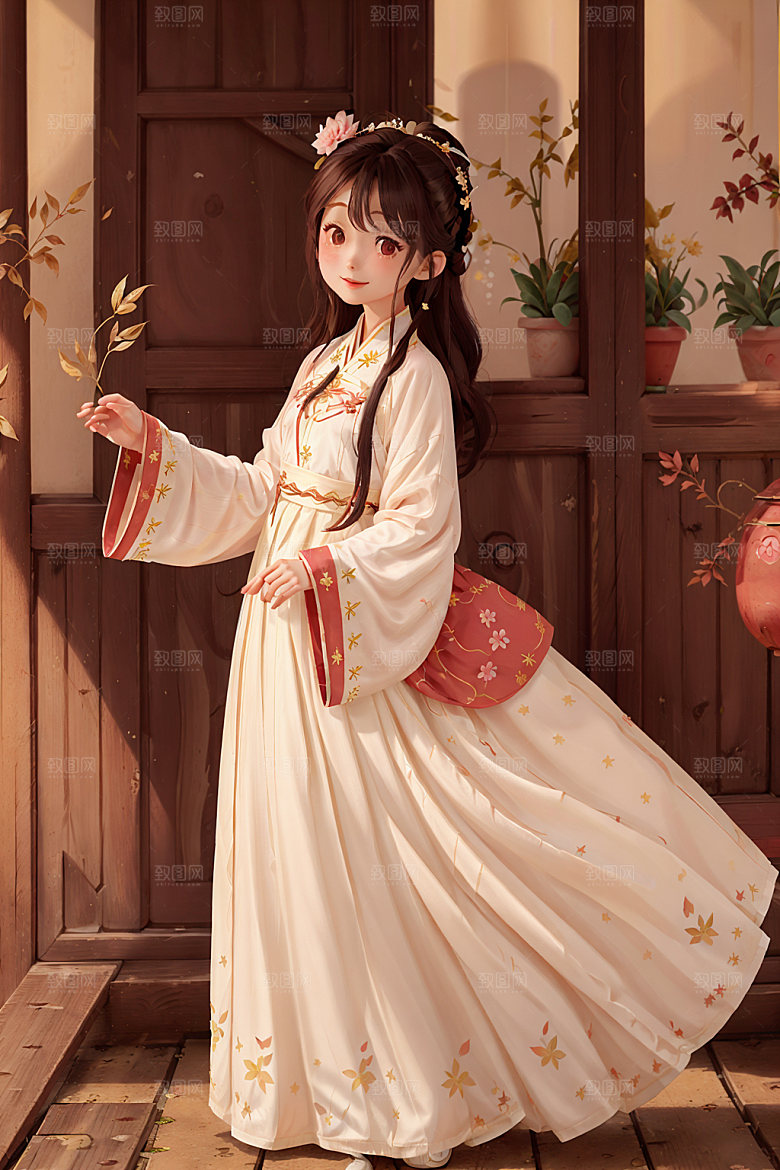 汉服少女国画风人物插画