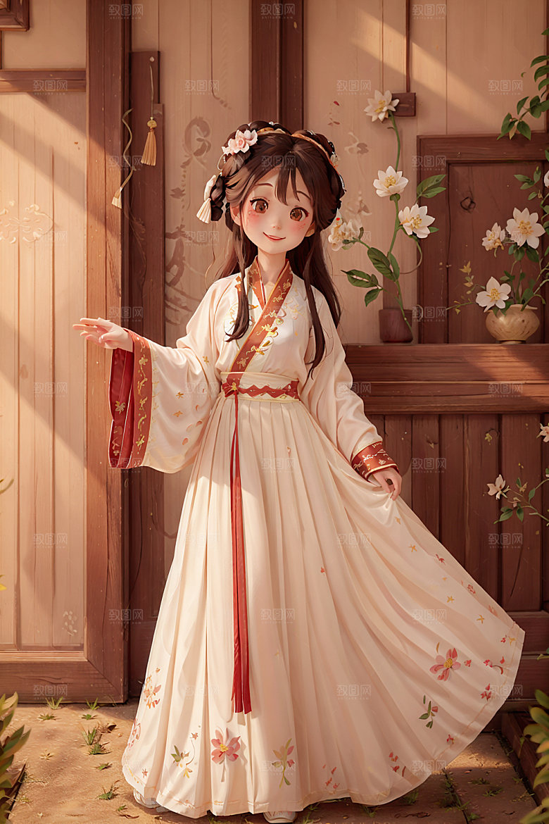 汉服少女唯美国画风插画