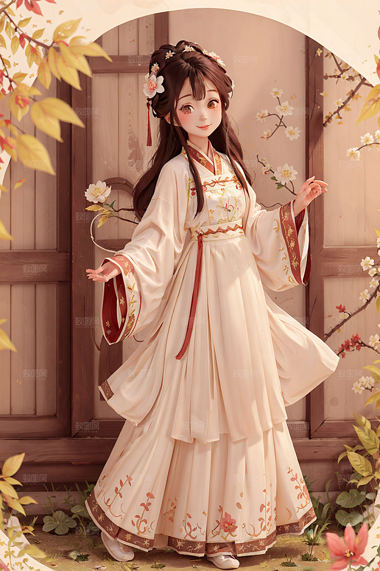 汉服少女卡通国画风插画