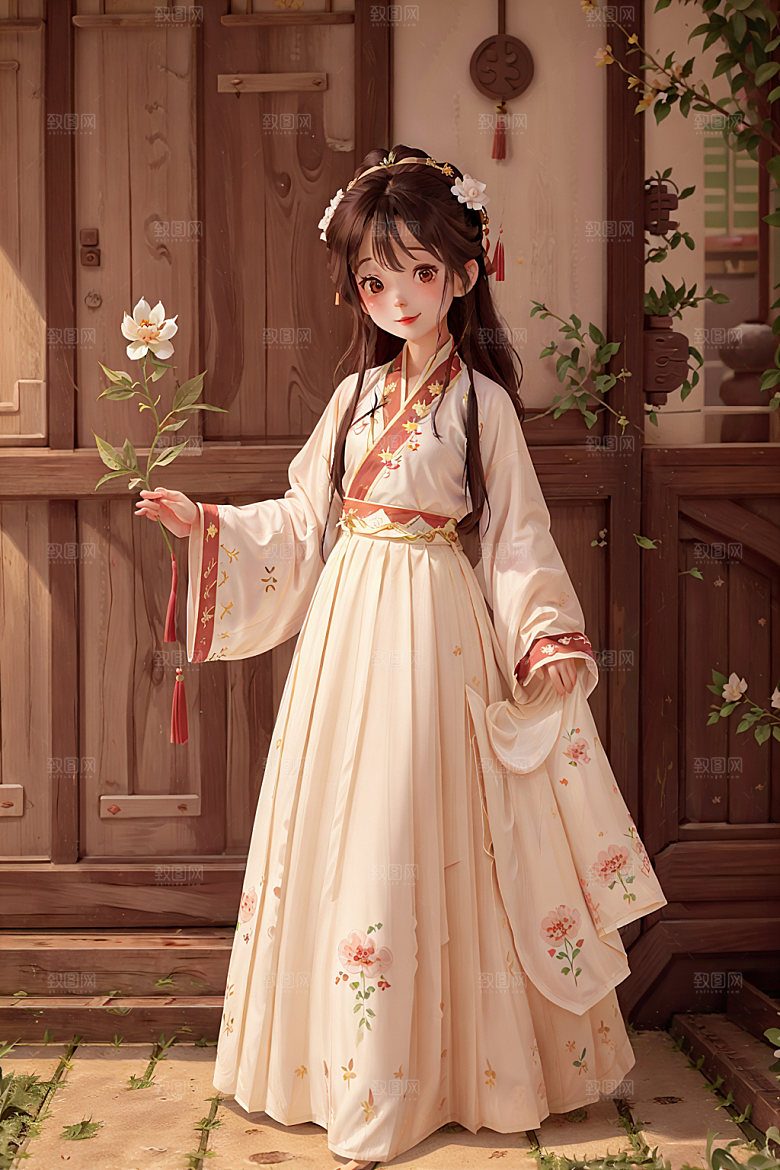 汉服少女水墨风卡通插画