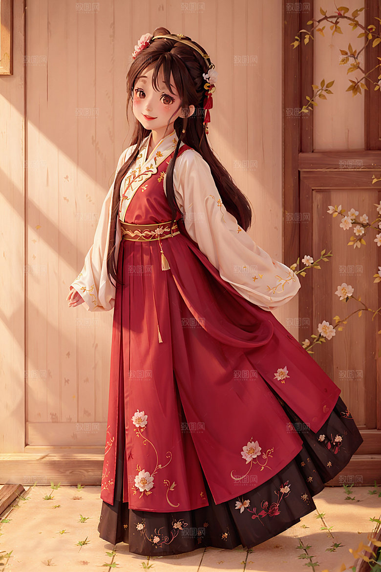 汉服少女甜美水墨风插画