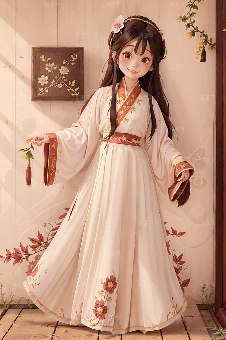 汉服少女国画风甜美插画