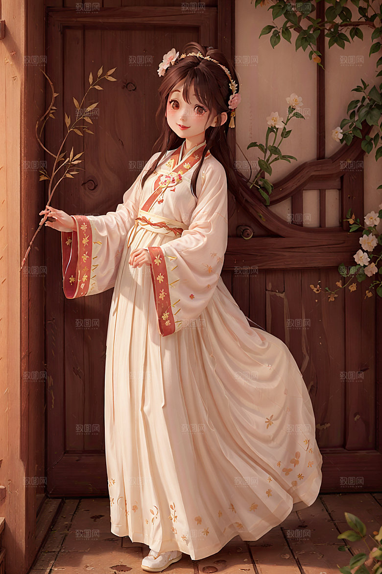 汉服少女国画风卡通插画