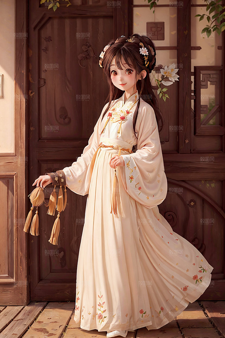 汉服少女水墨风甜美插画