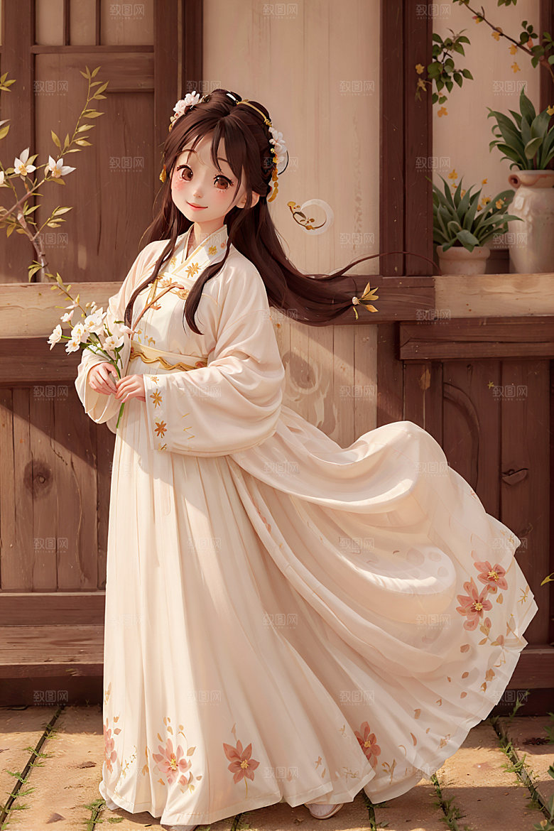 汉服少女传统文化甜美插画