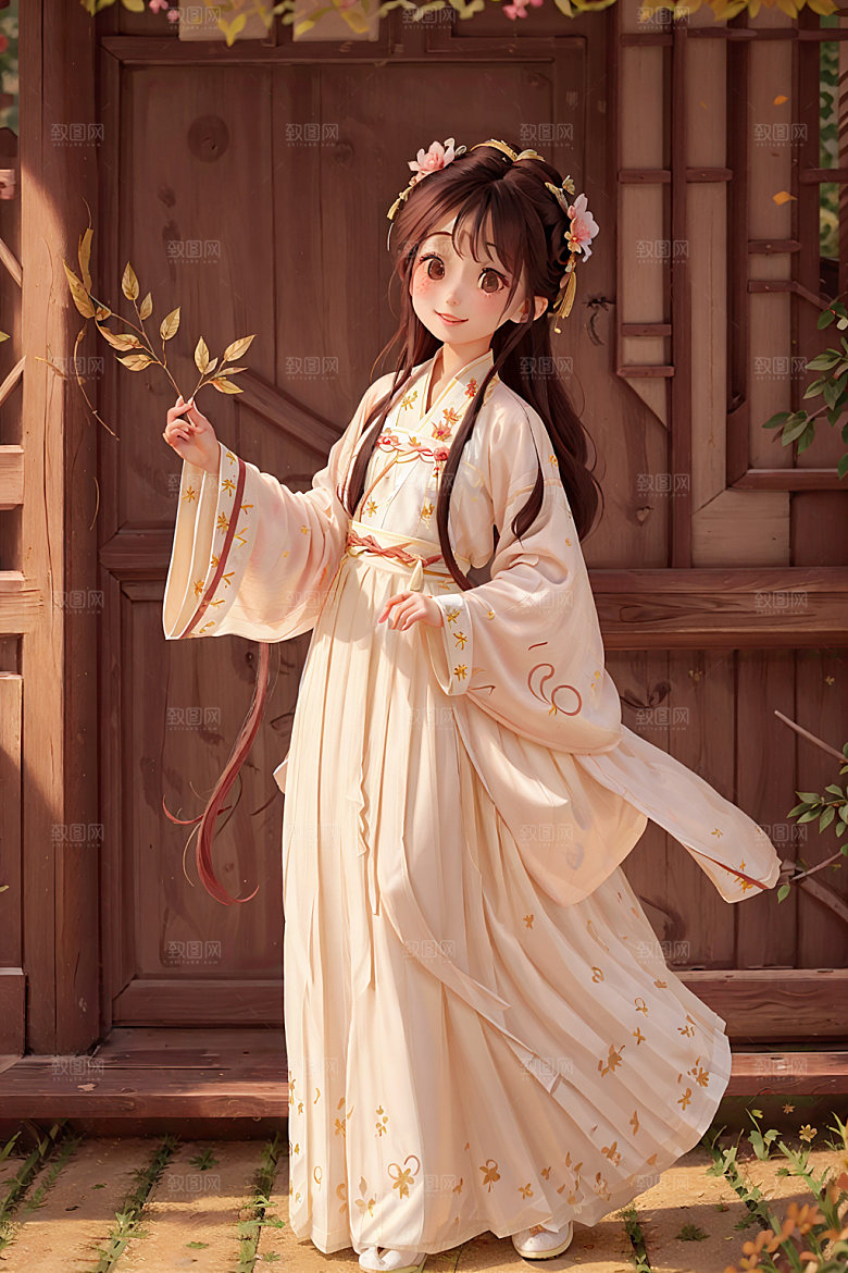汉服少女卡通水墨风插画