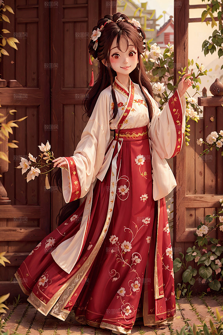 汉服少女水墨风甜美插画