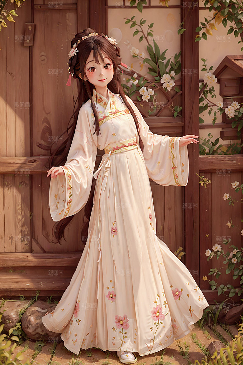 汉服少女传统文化甜美插画