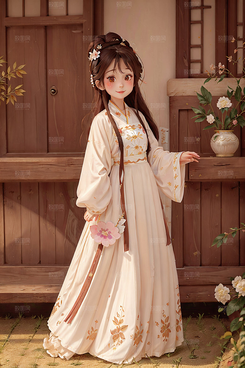 汉服少女传统文化甜美插画