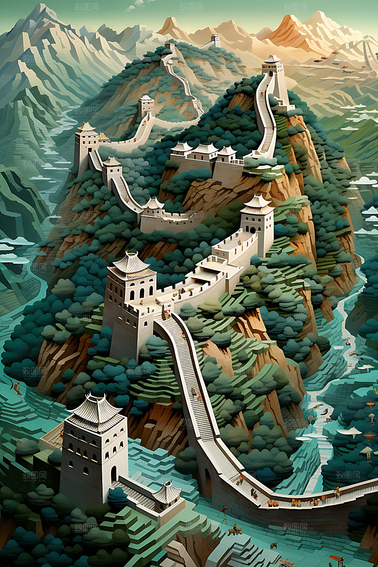 万里长城地标彩色装饰画