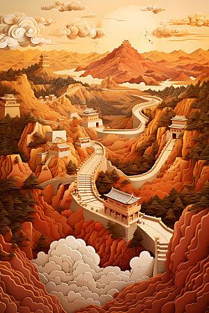万里长城彩色中国风装饰画
