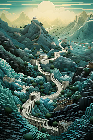 万里长城中国风地标装饰画