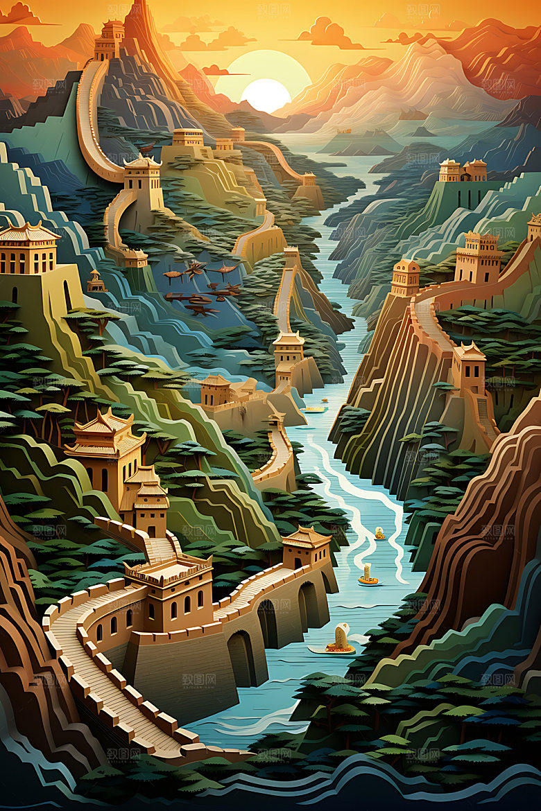 万里长城地标中国风装饰画