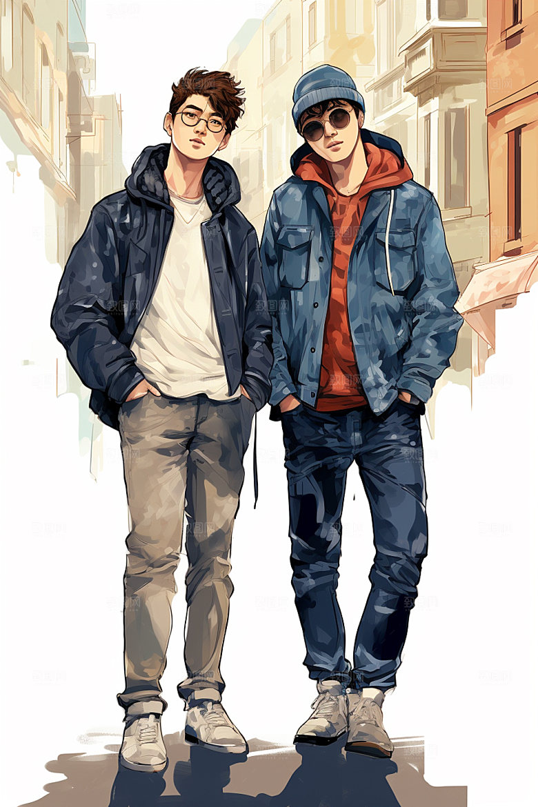 时尚秋冬潮男青年手绘插画矢量图