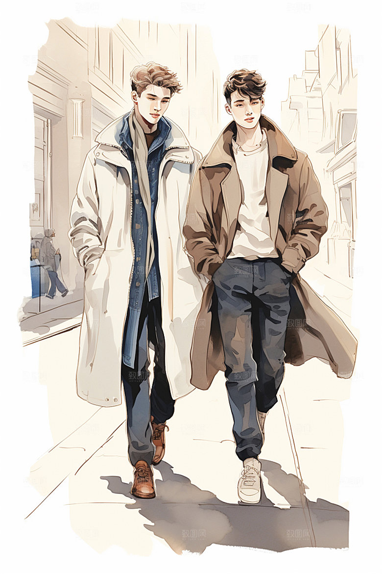 时尚秋冬潮男青年手绘插画矢量图