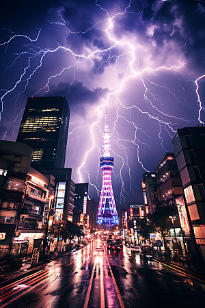 城市闪电打雷气象摄影图