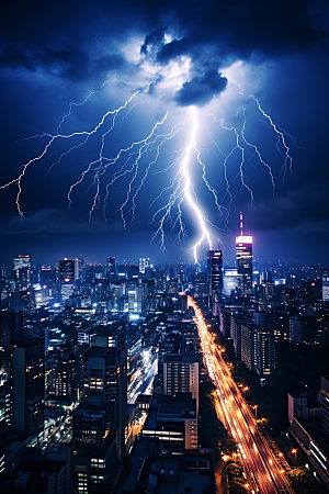 城市闪电天气打雷摄影图