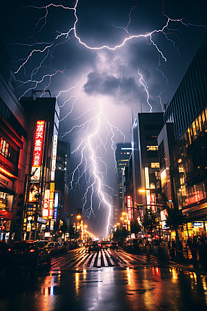 城市闪电暴雨雷电摄影图