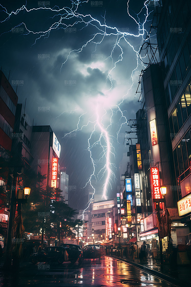 城市闪电天气打雷摄影图
