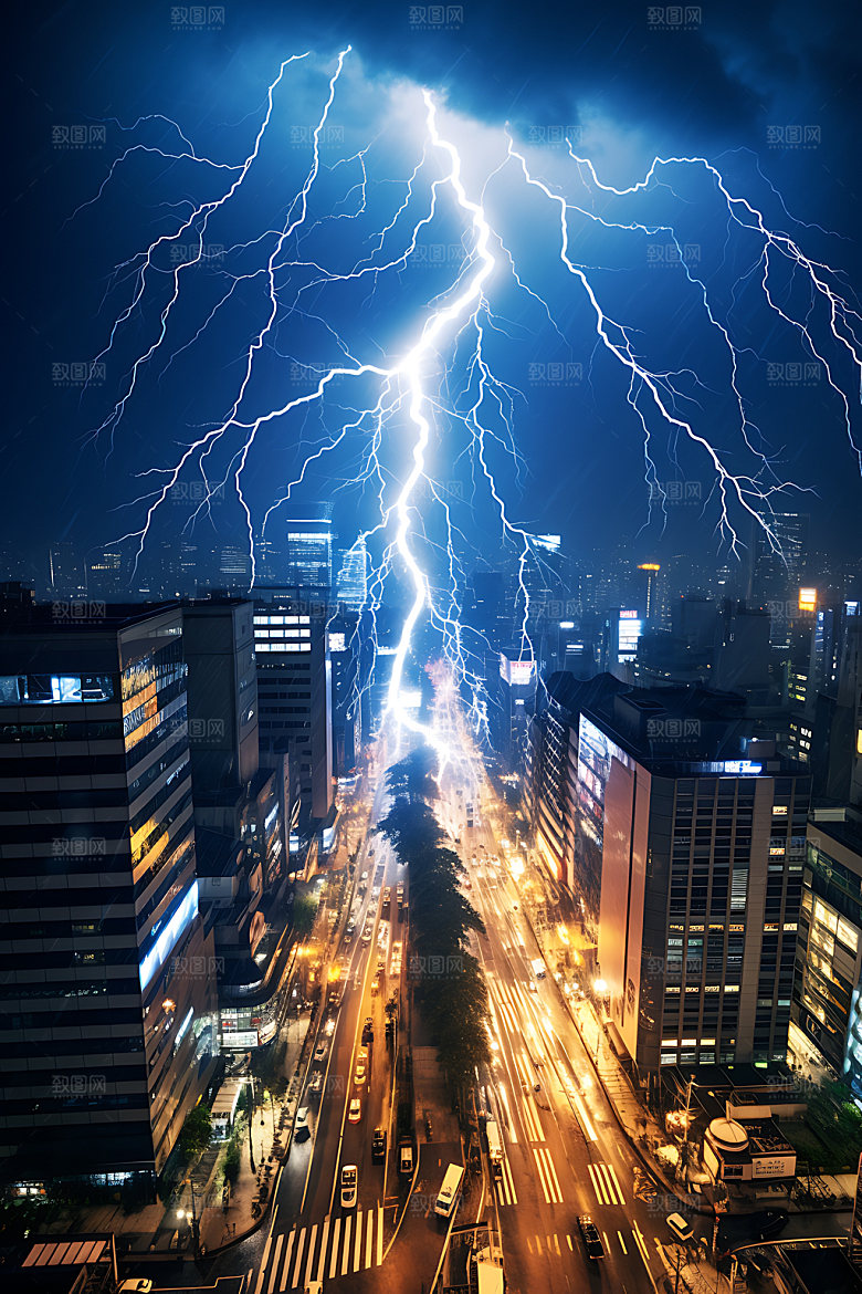 城市闪电暴雨气象摄影图