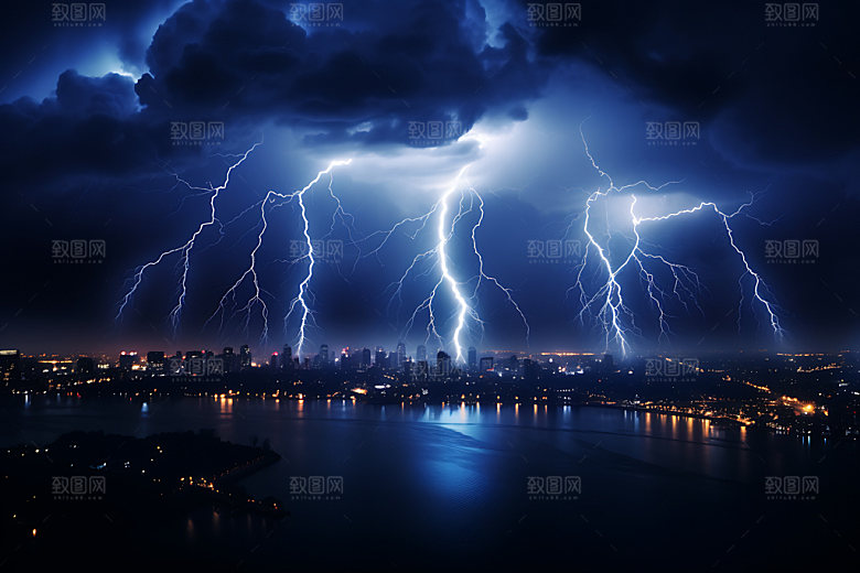 城市闪电气象暴雨摄影图