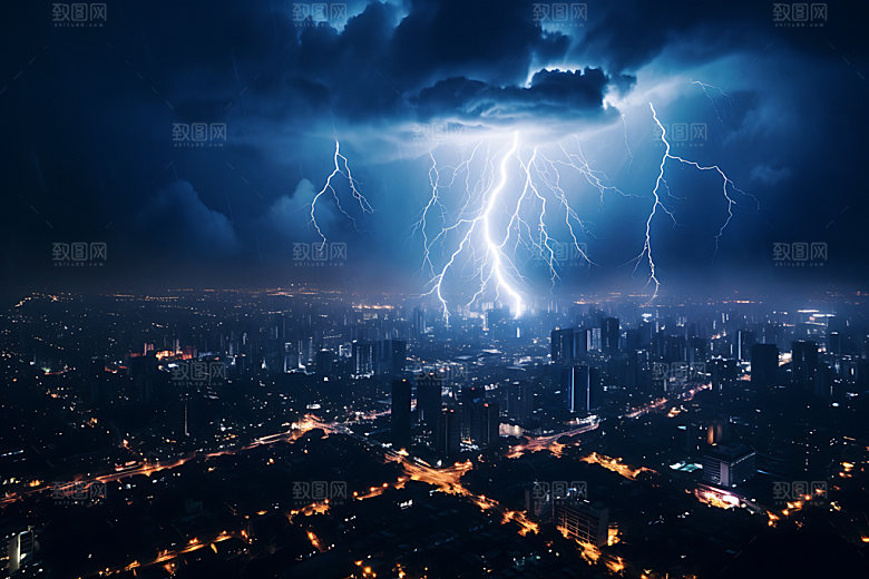 城市闪电暴雨打雷摄影图