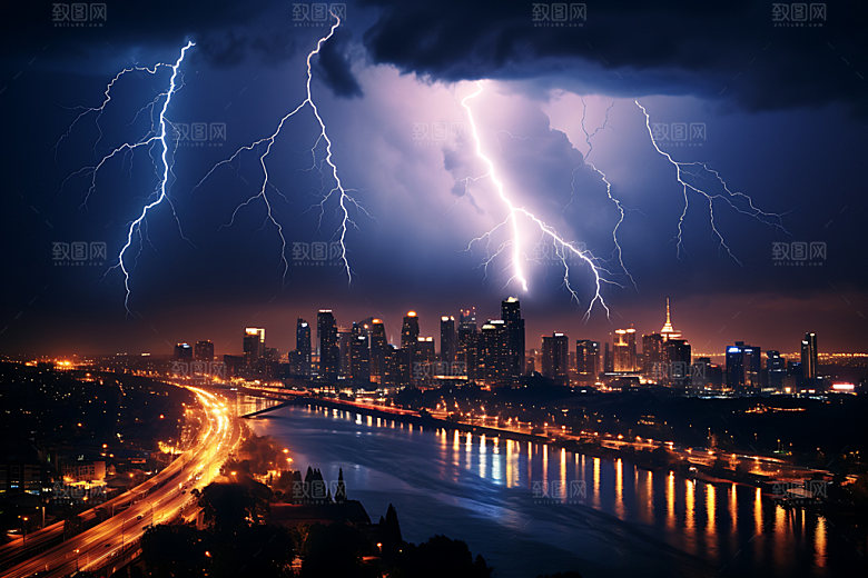 城市闪电风光暴雨摄影图