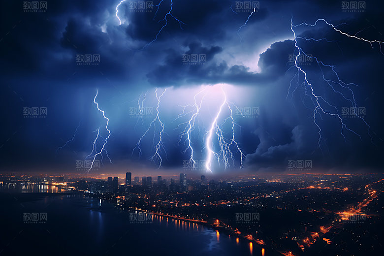 城市闪电暴雨雷电摄影图