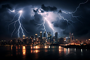 城市闪电气象暴雨摄影图