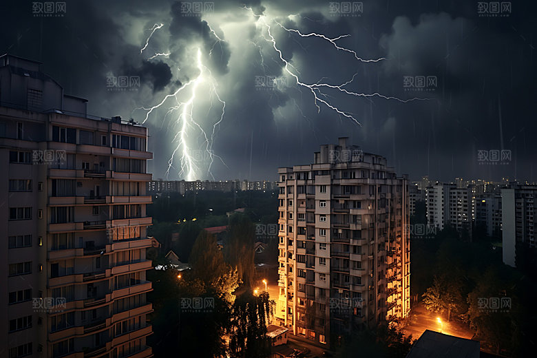 城市闪电暴雨雷电摄影图