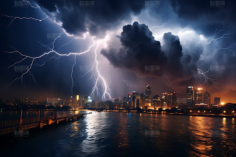 城市闪电暴雨雷电摄影图