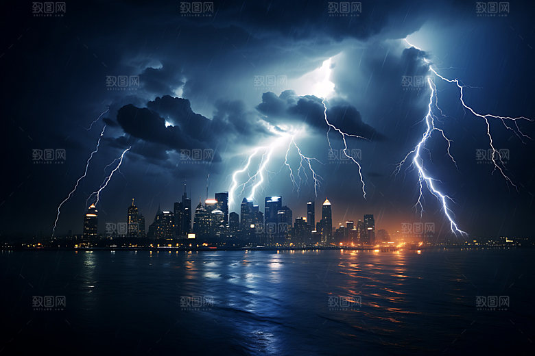 城市闪电雷暴暴雨摄影图