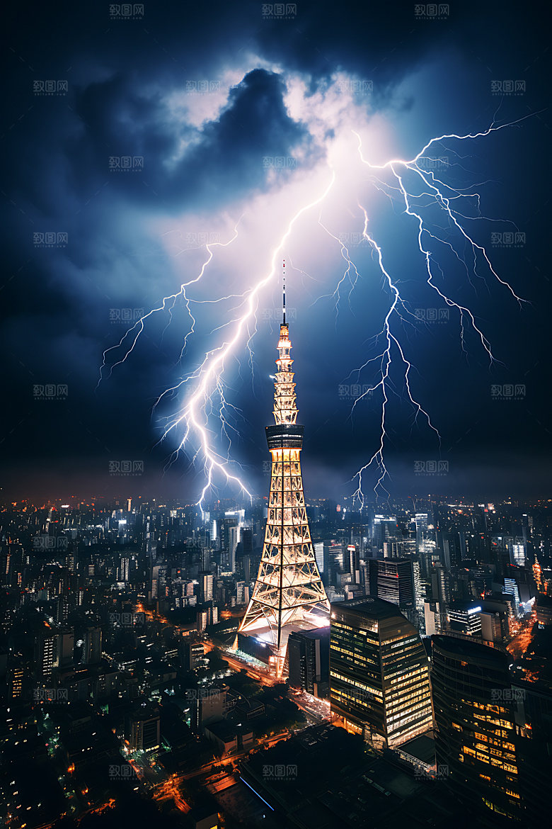 城市闪电天气暴雨摄影图
