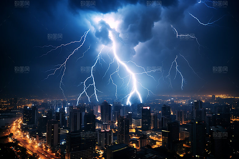城市闪电暴雨气象摄影图