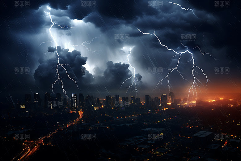 城市闪电暴雨气象摄影图