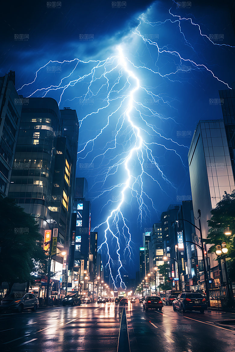 城市闪电气象暴雨摄影图