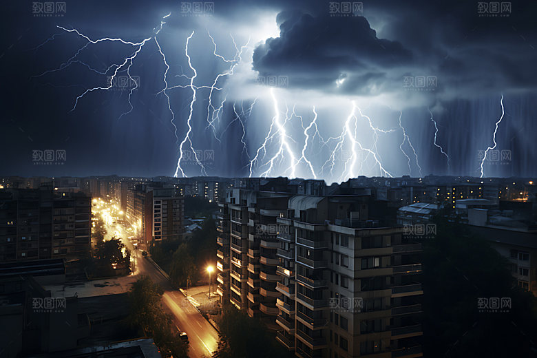 城市闪电雷电暴雨摄影图