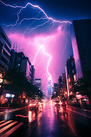 城市闪电雷暴打雷摄影图