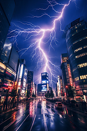城市闪电雷电暴雨摄影图