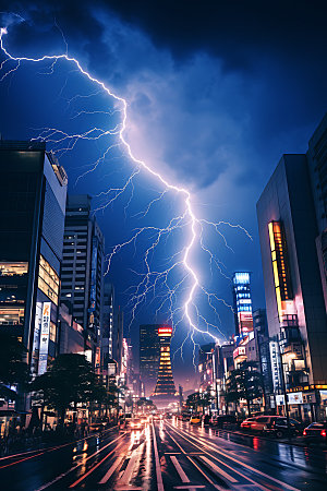 城市闪电气象雷暴摄影图