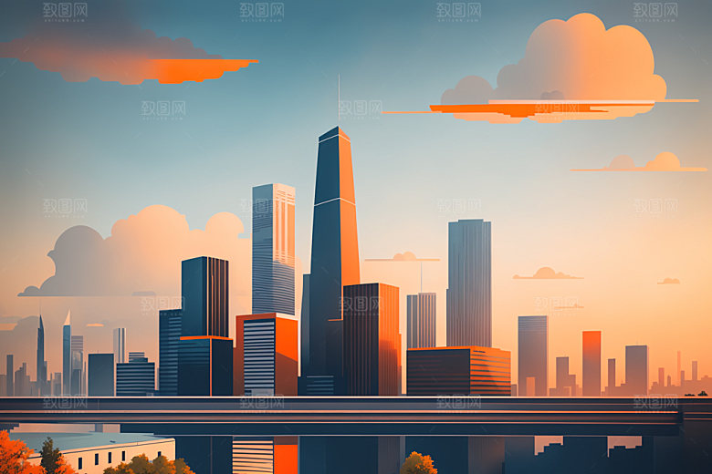城市楼房美式插画